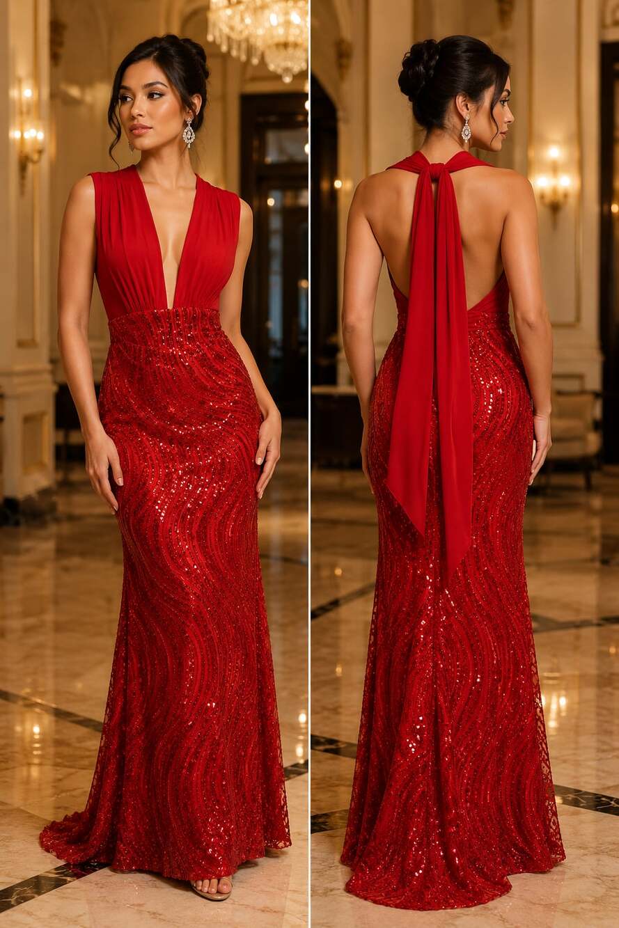 Alamour The Label Coletea Sequin Gown in Deep Red